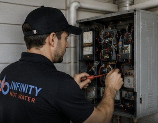 Professional technician servicing Apricus electric hot water system installation