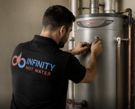 Professional technician testing hot water system with diagnostic equipment