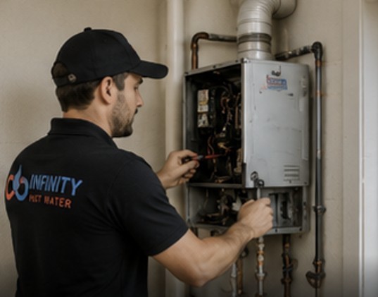 Professional gas plumber technician servicing Lacuna gas hot water system