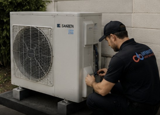 Professional technician servicing Midea heat pump hot water system