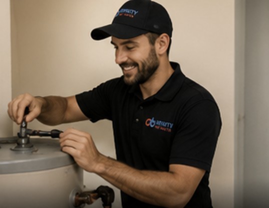 Professional technician adjusting Purple tankless hot water system installation