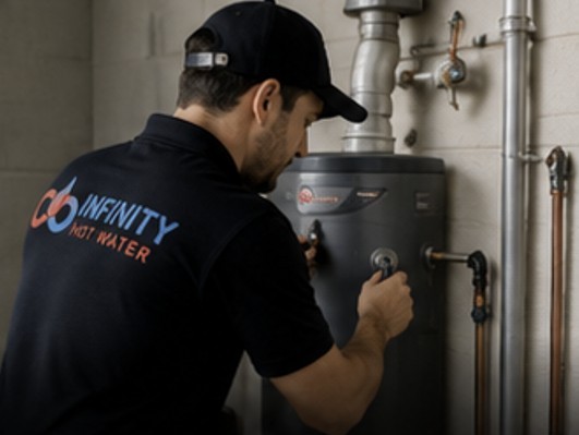 Professional technician performing hot water system maintenance with diagnostic equipment