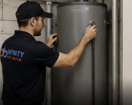 Professional technician upgrading to modern electric hot water system with advanced controls
