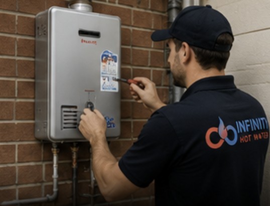 Professional technician adjusting instant tankless hot water system controls