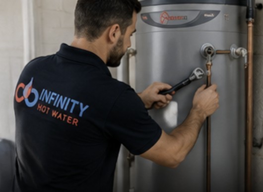 Professional technician servicing multiple Rinnai tankless hot water systems